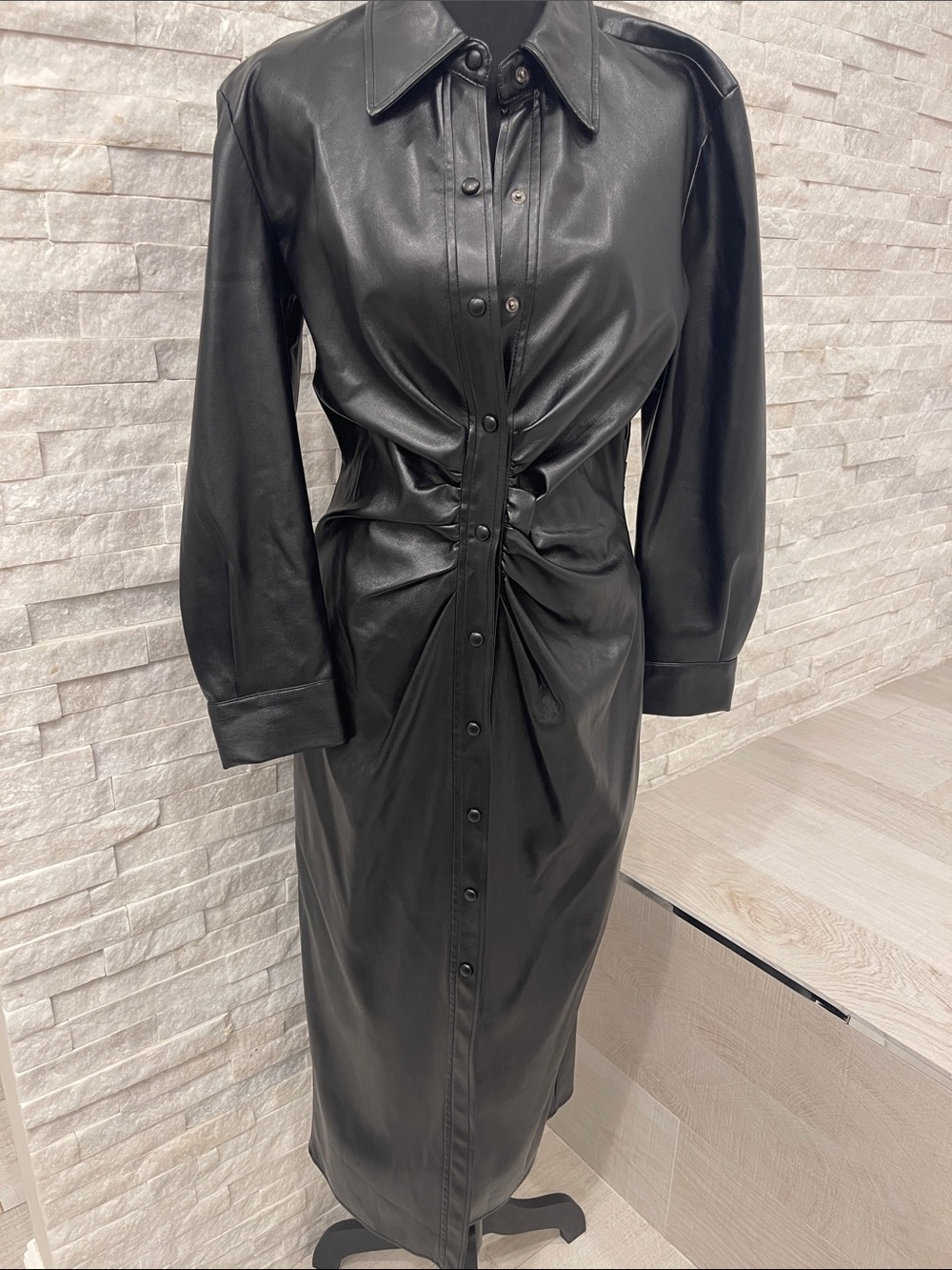 Zara Black Faux Leather Ruched Dress or Coat